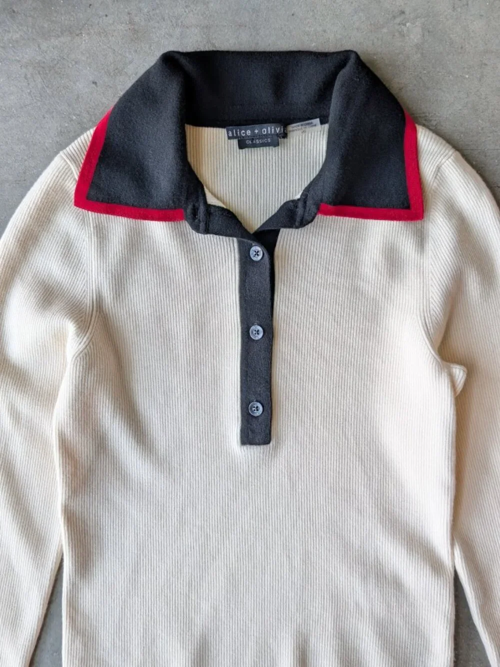 Alice + Olivia Pia Ribbed Polo Shirt Black White Red Knit Collared Wool Sweater
